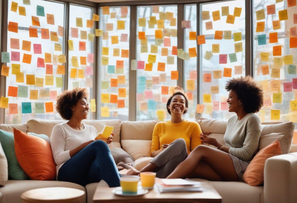A cheerful scene in a cozy therapy room, with diverse people sharing laughter and joy, surrounded by colorful post-it notes of positive affirmations. Soft sunlight streaming in through large windows, illuminating the smiles on their faces. Include elements like a comfy couch, a warm cup of tea, and playful decor that evoke a sense of community and happiness. watercolor painting. vibrant colors.