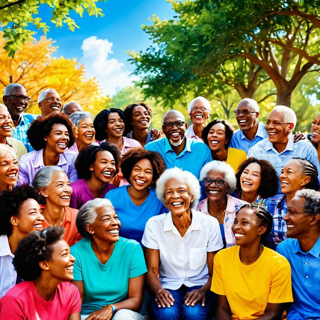 A vibrant gathering of diverse individuals joyfully interacting, exuding warmth and happiness. Include elements like laughter, shared stories, and supportive gestures. The background should be filled with a bright, sunny park setting, symbolizing community and emotional wellness. Emphasize expressions of joy and connection among people of different ages and backgrounds. vibrant colors. super-realistic.