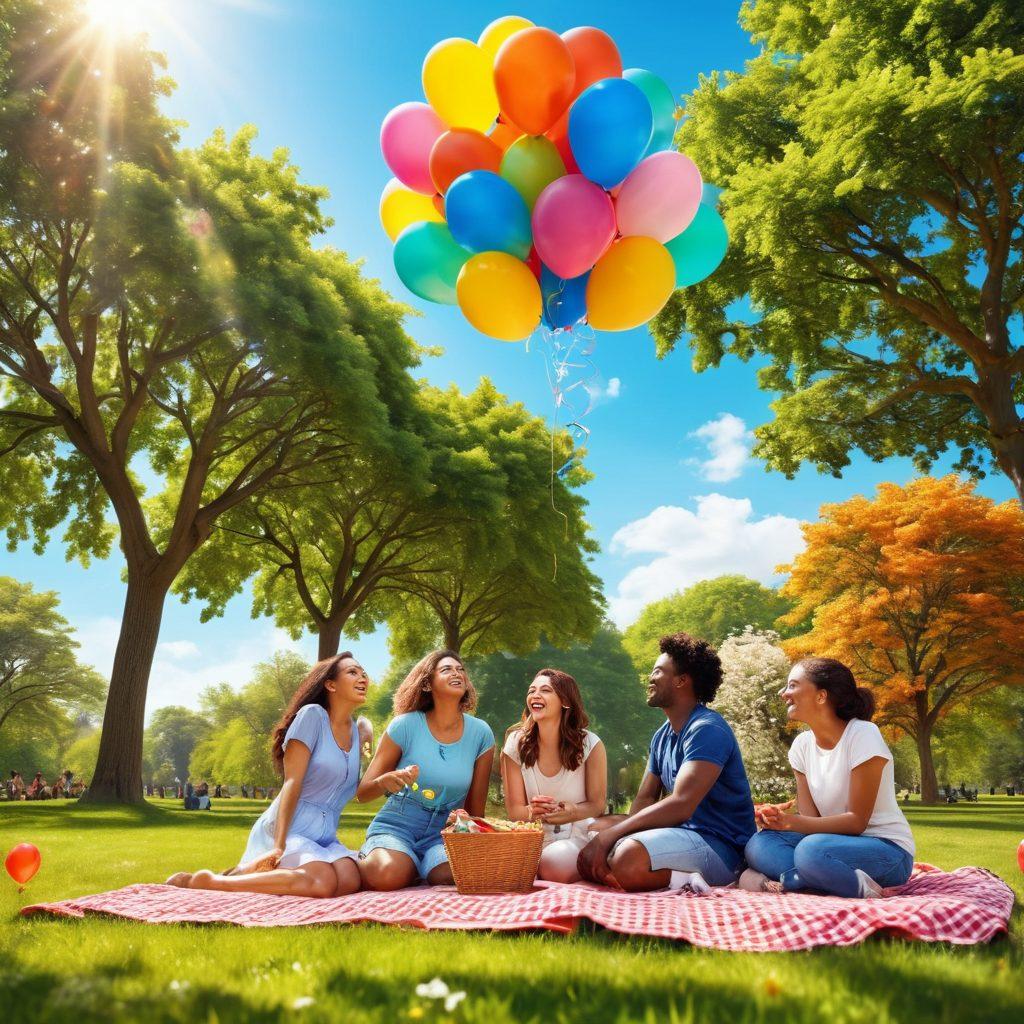 A vibrant scene depicting a diverse group of people joyfully interacting in a sunny park, with laughter and smiles all around. Include colorful balloons and a picnic setup, symbolizing friendship and community. The background features blooming flowers and clear blue skies, enhancing a sense of happiness and connection. super-realistic. vibrant colors. bright and uplifting.